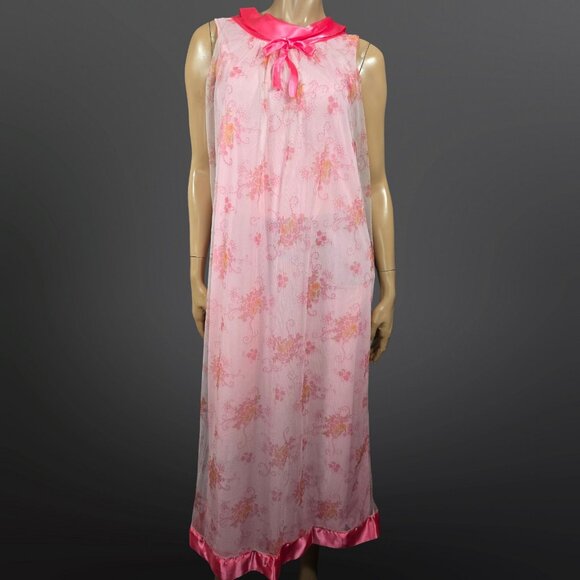 Vintage 70s Double Nylon Chiffon Maxi Nightgown Pink Floral Satin Trim Size S - Picture 1 of 14